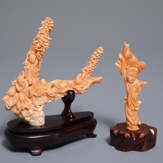 Two Chinese coral carvings on wooden stands, 19/20th C.