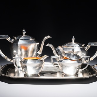 A Chinese silver art deco tea service on tray, Republic, 1st half 20th C.