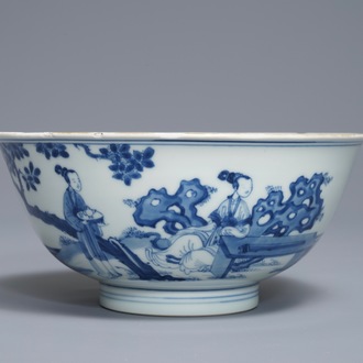 Un bol en porcelaine de Chine bleu et blanc figurant les 'Soeurs Cao', marque de Chenghua, Kangxi