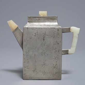 A Chinese jade-topped pewter-encased Yixing stoneware teapot and cover, 19th C.