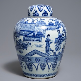 Un grand pot couvert en porcelaine de Chine bleu et blanc, Kangxi