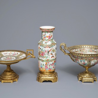 Drie Chinese Canton famille rose stukken met bronzen montuur, 19e eeuw