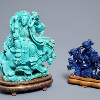 Twee Chinese figuren in turkoois en lapis lazuli, 20e eeuw