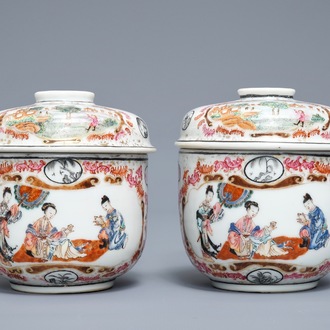 Een paar Chinese famille rose dekselpotten, Yongzheng/Qianlong
