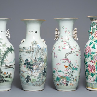 Vier diverse Chinese qianjiang cai en famille rose vazen, 19/20e eeuw