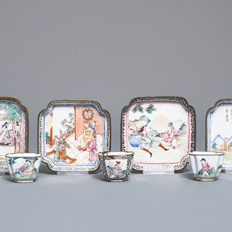Vier Chinese Canton email schotels en drie kopjes, Qianlong