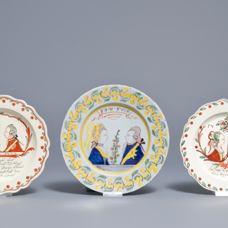 Drie borden met William en Mary in Delfts aardewerk en Engelse creamware, 18e eeuw