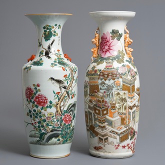Twee Chinese qianjiang cai en famille rose vazen, 19/20e eeuw