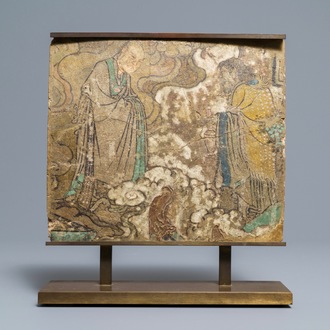 Een Chinees fresco fragment op beschilderd plaaster, Yuan/Ming