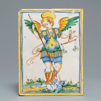 Een rechthoekige plaquette in Italiaanse majolica met Sint-Michaël en de draak, Deruta, 17e eeuw