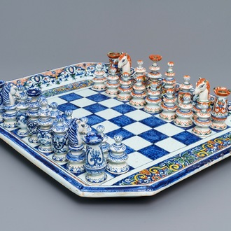 A French faience Rouen style chess board with pieces, Samson, Paris, 19th C.