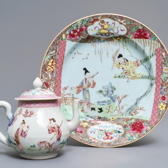 Een fijne Chinese famille rose theepot en een 'Romance of the Western Chamber' bord, Yongzheng/Qianlong