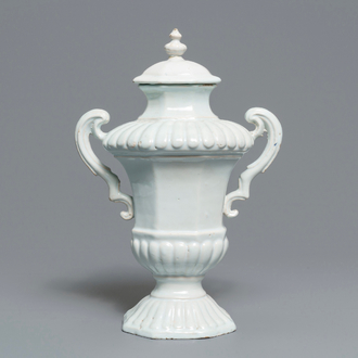 A white Dutch Delft two-handled urn and cover, late 17th C.