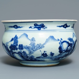 Een Chinese blauwwitte wierookbrander met figuren in een landschap, Kangxi