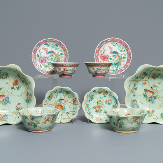 Zes Chinese celadon kommen en een paar kommen op schotels voor de Peranakan of Straits markt, 19e eeuw