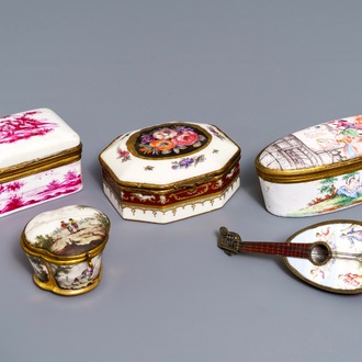Five porcelain and enamel snuff boxes, Germany and France, 18/19th C.