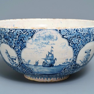 A fine and large Dutch Delft blue and white 'maritime subject' bowl depicting Atlas, 18th C.