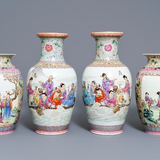 Twee paar fijne Chinese famille rose vazen, Qianlong merken, Republiek, 20e eeuw