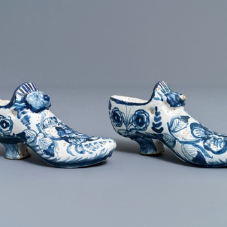 A pair of Dutch Delft blue and white models of shoes, Friesland, Bolsward, 2nd half 18th C.