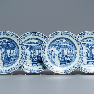 Vier Chinese blauw-witte 'Romance of the Western chamber' borden, Yongzheng