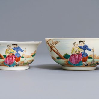 Twee fijne Chinese famille rose kommen met Europees decor, Qianlong