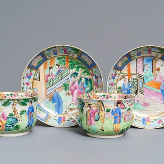 Een paar Chinese 'Van Speyk' Canton famille rose koppen en schotels, gedat. 1831