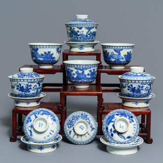 Zes Chinese blauwwitte 'Bleu de Hue' dekselkommen voor de Vietnamese markt, 19e eeuw