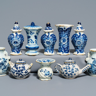 A varied collection of Dutch Delft blue and white miniatures, mostly 18th C.