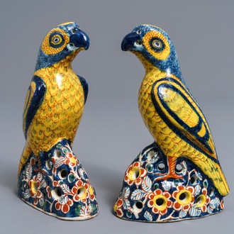 A pair of polychrome Dutch Delft models of parrots, 18th C.