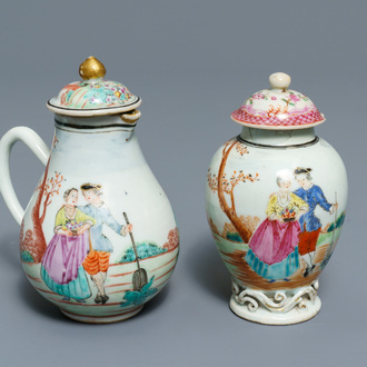 Een fijne Chinese famille rose melkkan en theebus met Europees decor, Qianlong