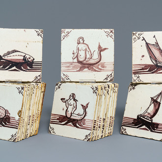 Thirty-three Dutch Delft manganese tiles with seacreatures and ships, 18/19th C.