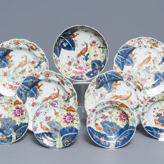Negen stukken Chinees famille rose porselein met 'Tabaksbladeren' decor, Qianlong
