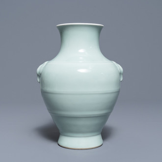 A Chinese monochrome celadon vase, 'hu', Qianlong mark, 19/20th C.