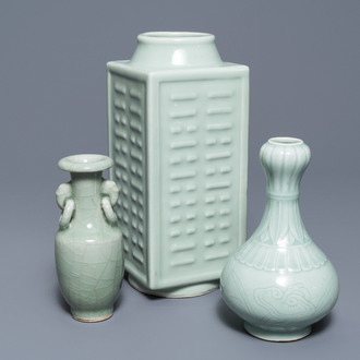 Three Chinese monochrome celadon vases, Yongzheng and Qianlong marks, 19/20th C.