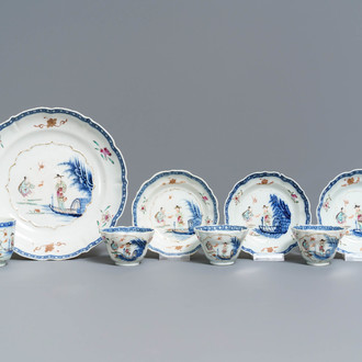 Vier Chinese famille rose koppen, drie schotels en een bord, Qianlong
