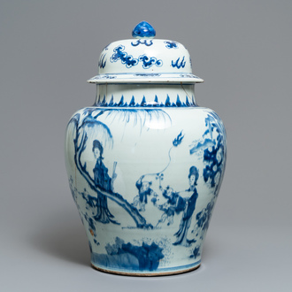 Een Chinese blauw-witte vaas met figuren in een landschap, Kangxi