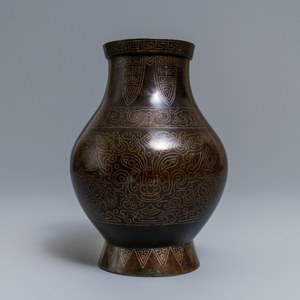 A Chinese inlaid bronze 'hu' vase, 19th C.