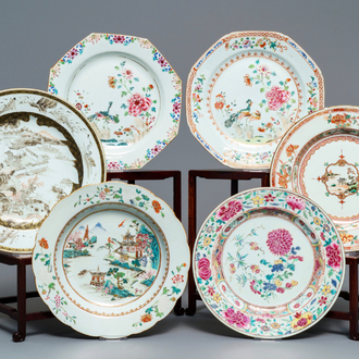 Zes diverse Chinese famille rose, verte en grisaille borden, Yongzheng/Qianlong
