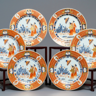 Six Chinese Imari-style plates after Cornelis Pronk: 'Dames au Parasol', Qianlong, ca. 1736-1738