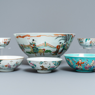 Zes diverse Chinese famille rose en verte kommen, 19/20e eeuw