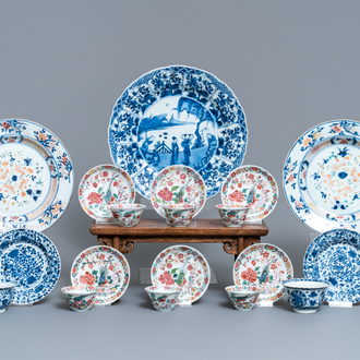 Eight Chinese blue and white and famille rose cups and saucers and three plates, Kangxi/Qianlong