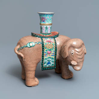 A large Chinese famille rose elephant candle holder, Jiaqing