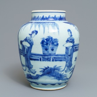 Een Chinese blauw-witte pot met dames in een tuin, Transitie periode