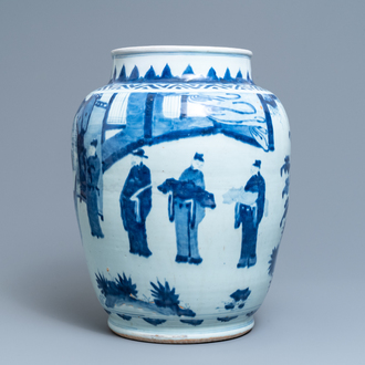 Een grote Chinese blauw-witte vaas met figuratief decor, Transitie periode