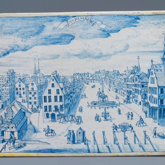 Een rechthoekige blauw-witte Delftse plaquette met zicht op Neurenberg, 18e eeuw