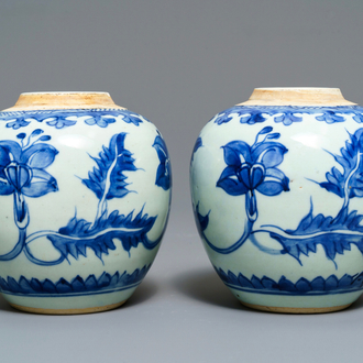 Een paar Chinese blauw-witte potten met floraal decor, Kangxi
