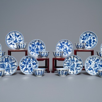Tien Chinese blauw-witte koppen en schotels met Lange Lijzen, Kangxi