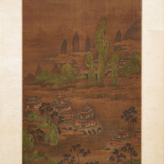 Chinese school, gesign. Yuanbian Xiang (1525-1590), inkt en kleur op zijde: 'Landschap naar Zhao Boju'