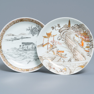 Twee fijne Chinese grisaille en ijzerrode eierschaal schotels, Yongzheng