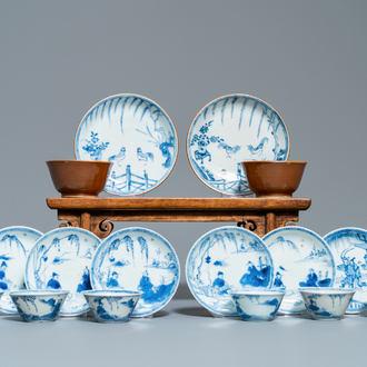 Acht Chinese blauw-witte koppen en schotels, Kangxi/Qianlong